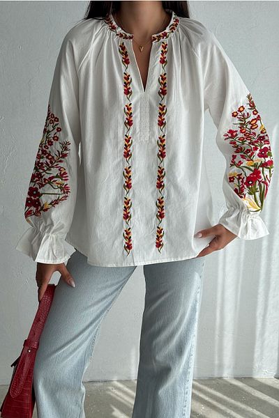 FEMELLE Women's Red Floral Embroidered Blouse - Cotton