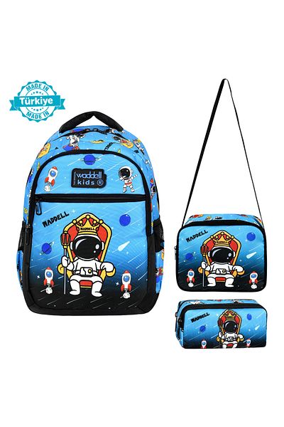 Waddell Rucsac pentru școala primară pentru băieți - model astronaut albastru, cutie de prânz și suport pentru stilouri