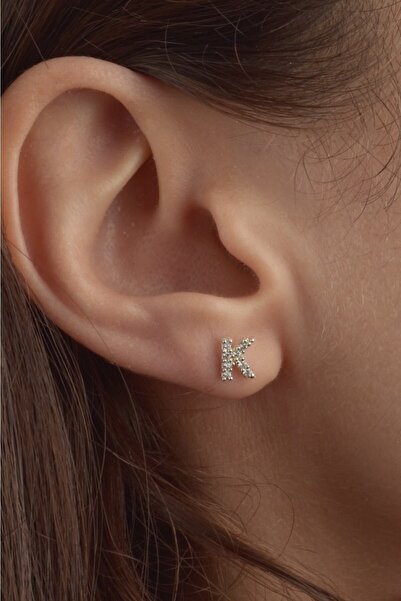 jelux silver Gümüş 925 Ayar Zirkon Taşlı K Harfl Tekli Küpe