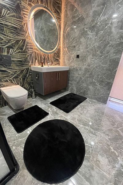 tropikal home Σετ βελούδινη τουαλέτα 3 τεμαχίων - Πλένεται κολώνα, μαύρο, 80x80 στρογγυλό και 50x60 και 60x100 τουαλέτα