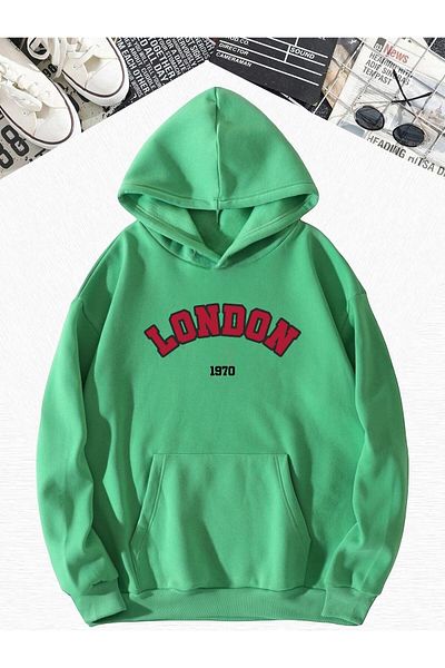 BENROMA Зелен суитшърт с качулка и щампа London Oversize