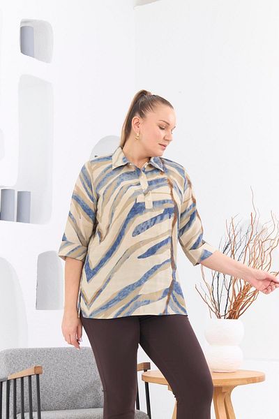RMG Plus Size Patterned Mink Blouse - Side Slit Detail