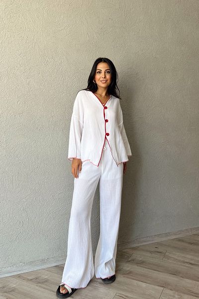 Seda Yalçın Atelier White Muslin Shirt and Pants Set with Red Piping