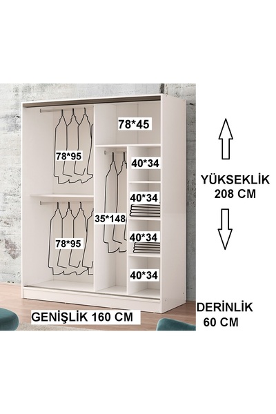 beenal Venüs Sürgülü Gardırop 160 Cm - Sonoma Ceviz-parlak Beyaz