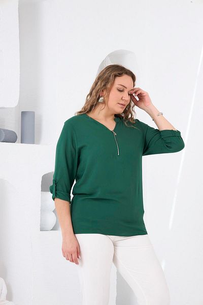 RMG Hscstore Γυναικεία Πέτο Φερμουάρ Λεπτομερής Μεγάλο Μέγεθος Πράσινη Μπλούζα- O6326B