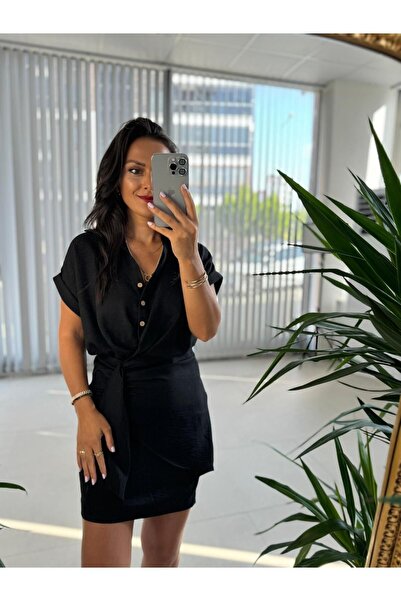 caddstore Mc 5870 Floş Keten Siyah Gömlek Elbise