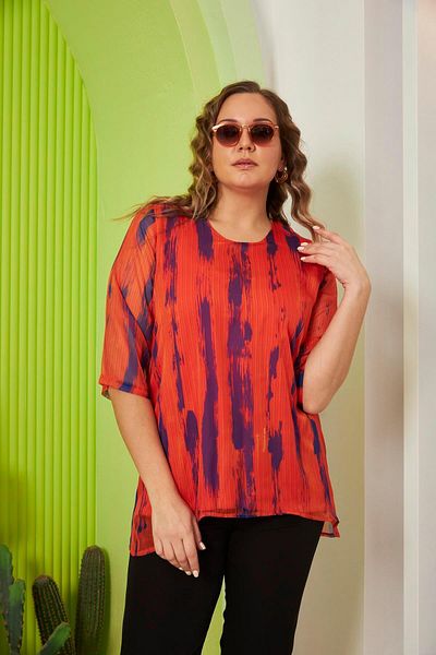 RMG Patterned Plus Size Orange Chiffon Blouse