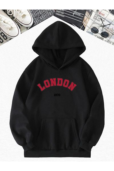 BENROMA Черен суитшърт с качулка и щампа London Oversize