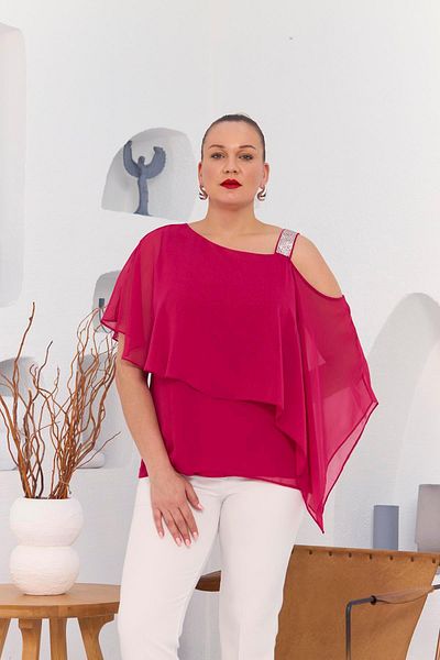 RMG Fuchsia Plus Size Chiffon Blouse - Shoulder Stone Detailed Underwear