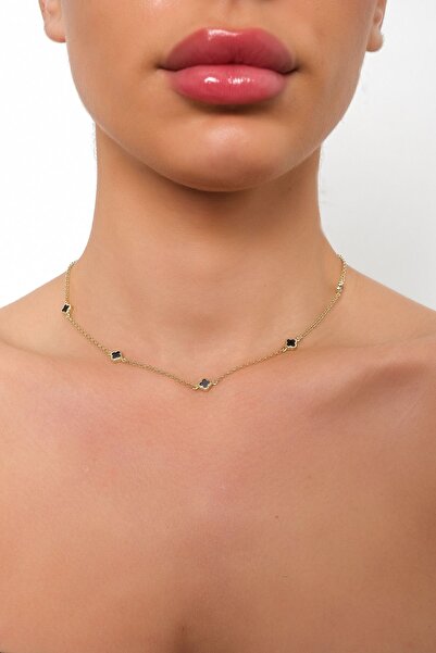 Side Gold Kuyumculuk 14 Ayar Sarı Altın Siyah Yonca Kolye