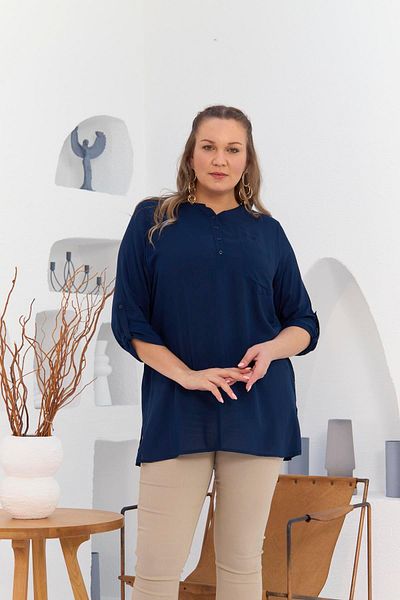 RMG large Size Voile Viscose Tunic - NavY Blue with Pocket and Sleeve Detail and Slits