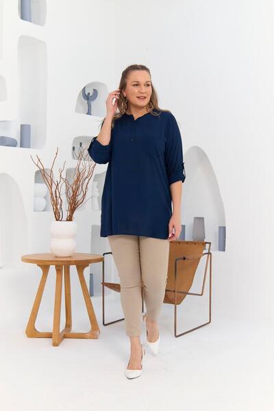 RMG Plus Size Voile Viscose Tunic - Navy Blue με λεπτομέρεια τσέπης και μανίκι