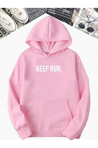BENROMA Ροζ Oversize φούτερ με κουκούλα - Keep Run Printed