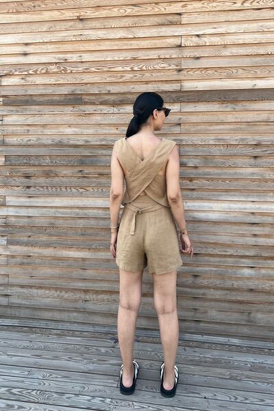 Seda Yalçın Atelier Linen Mink Set - Vest and Shorts with Back Detail