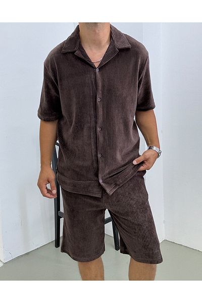 King Brothers Βελούδινο κοστούμι Oversize Loose Fit πουκάμισο με κουμπιά και σορτς