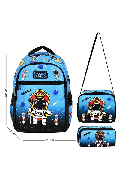 Waddell Rucsac pentru școala primară pentru băieți - model astronaut albastru, cutie de prânz și suport pentru stilouri