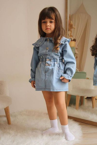 Asel Kids Costum pentru fete cu fustă din denim cu broderie
