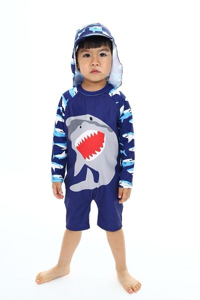 mikam Long Sleeve Sun Protection Zippered Swimsuit with Hat for Boys