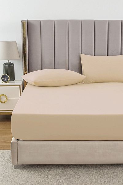 TeksNil Home RanForce Beige Elastic Cotton Single/double Bed Sheet - 14 Colors Fitted