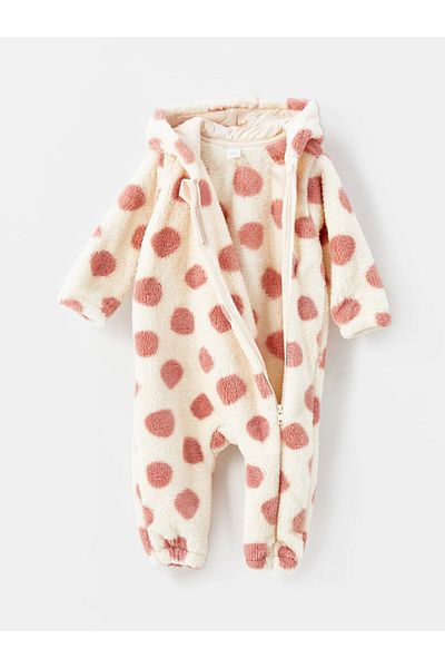 LC Waikiki lCW Baby Cream Printed PolKa Dot long Sleeve Hooded Jumpsuit for Baby Girl