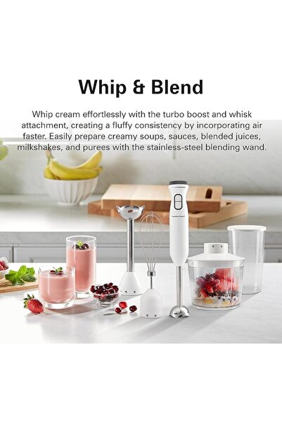 Hamilton Beach خلاط يدوي مع مفرمة 500 مل، خفاقة، كوب سعة 700 مل، قرص سرعة متغيرة، وتعزيز توربو