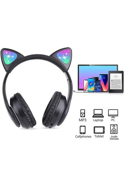 DEMPOWER Kedi Kulağı Detaylı Kablosuz Rengarenk Işıklı Buetooth Rgb Çocuk Oyuncu Kulaklık Üstün Performans