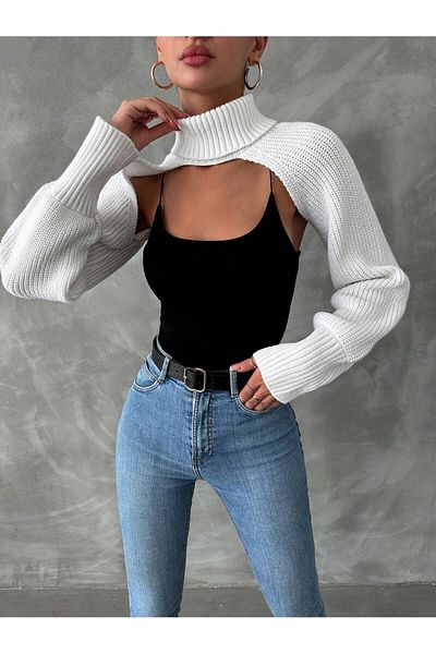 TRQOM Λευκή Γυναικεία Crop Μπλούζα Bolero με λαιμόκοψη