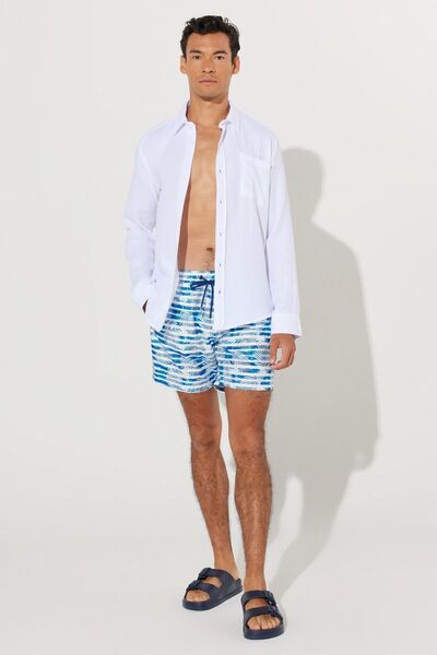 ALTINYILDIZ CLASSICS Erkek Beyaz-lacivert Desenli Hızlı Kuruyan Cepli Standart Fit Mayo