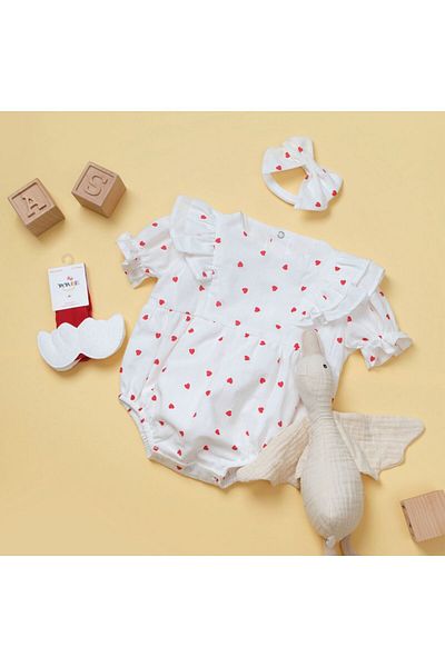 Little Ya Ya Love Red Heart Detailed Romper and Bandana Socks Set for Baby Girl