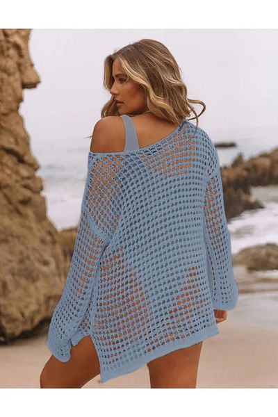 citystyle Bluză din tricot albastru baby - Top bikini cu fante cu detaliu plasă și mânecă lungă Pareo cu Valon