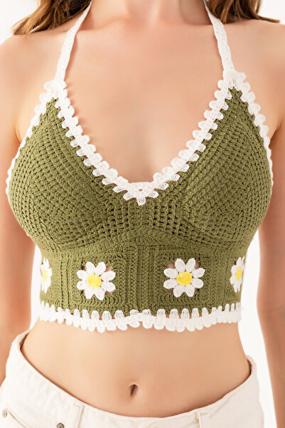 ÖRGÜ CROP YEŞİL ÇİÇEKLİ