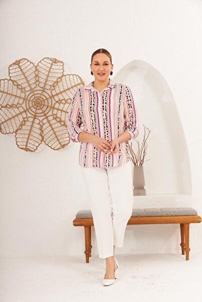 RMG Çizgi Desenli Vual Viskon Büyük Beden Fuşya Gömlek