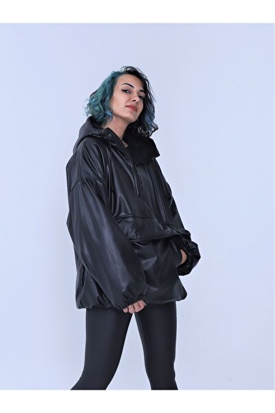 OCTO Handcraft Sweatshirt Model Kanguru Cepli Içi Polarlı Kapüşonlu Deri Mont...