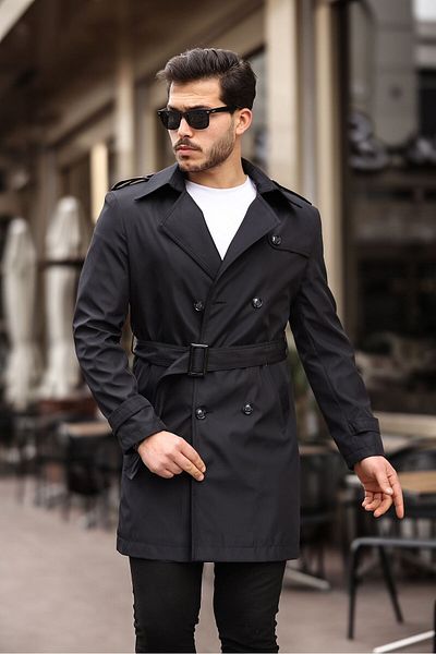 MEECY Schwarzer Trenchcoat für Herren – mit Gürtel, wasser- und winddicht, Übermantel
