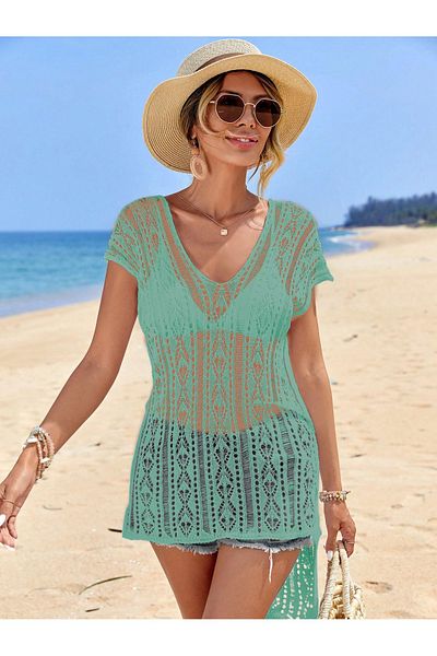 citystyle Μέντα πλεκτά με λαιμόκοψη V μακρυμάνικο Pareo Beach φόρεμα - Διχτυωτή μπλούζα με λεπτομέρειες
