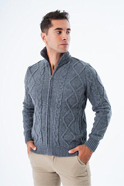 Trist Star DarK GraY Men's Knitwear Cardigan - Fur Collar, Zippered PocKet, Wool Knitwear TRIST-5329