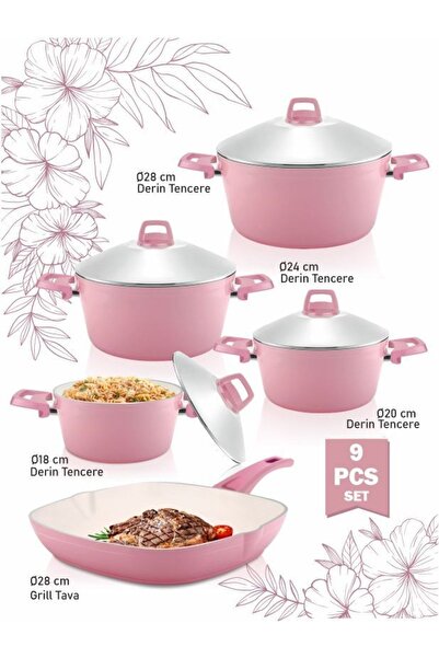 AYKUT Pembe Seramik Yanmaz Yapışmaz Tencere Çeyiz Seti 9 Parça 5'li