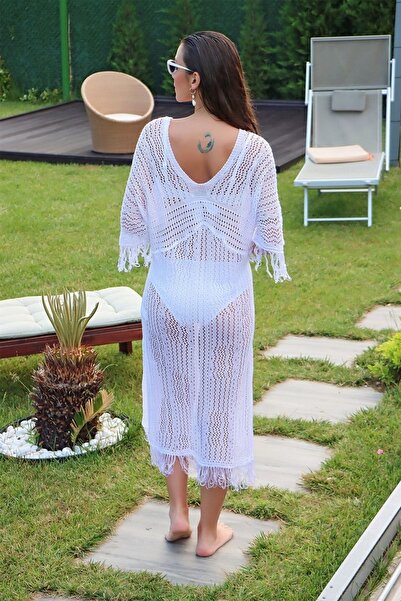 citystyle Λευκό φόρεμα παραλίας με λαιμόκοψη V με φούντες - Μισό μανίκι μπροστά και πίσω