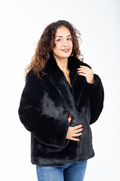 KRK Jachetă de blană neagră extra groasă (de greutate mare) pentru femei