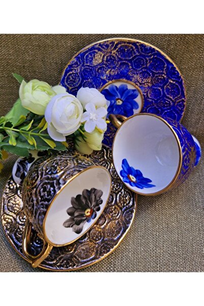 BY.RAYKA PORSELEN El Dekor Eskitme Porselen El Boyama 2li Kahve Fincan Takımı