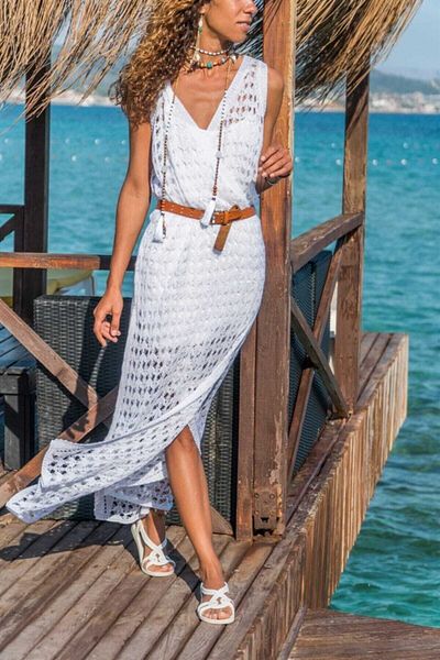 citystyle Λευκό Πλεκτό Φόρεμα με διπλό στήθος V λαιμόκοψη - Διάτρητο