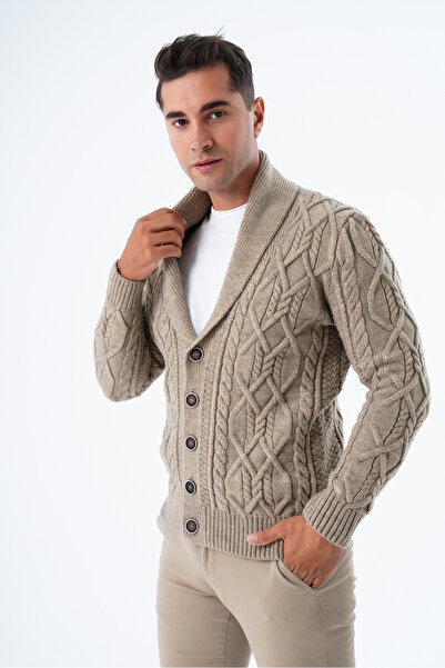 Trist Star Men's Mink Color SHawl Collar Knitwear CarDigan - Hair BraiDeD, ButtoneD TRIST-5341