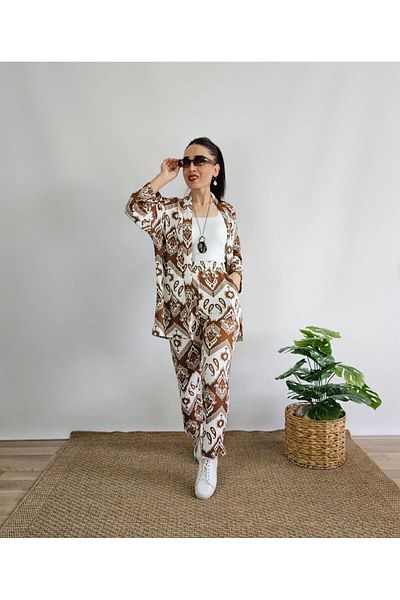 İpli Brown Pocket Detailed Narrow Leg Patterned Kimono Set (Full Mold)