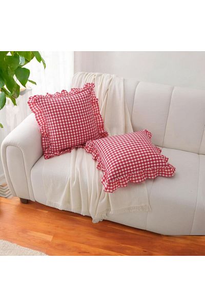 Erba kreasyon 100% linen Cotton Vintage Gingham frilly Bohemian Throw Pillow Cover