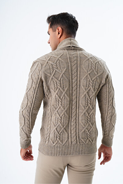 Trist Star Men's Mink Color SHawl Collar Knitwear CarDigan - Hair BraiDeD, ButtoneD TRIST-5341