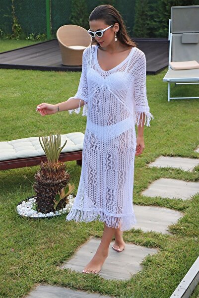 citystyle Λευκό φόρεμα παραλίας με λαιμόκοψη V με φούντες - Μισό μανίκι μπροστά και πίσω