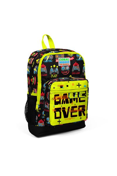 Coral Black Neon Yellow - Game Over Patterned 4 Compartment School Backpack 23728