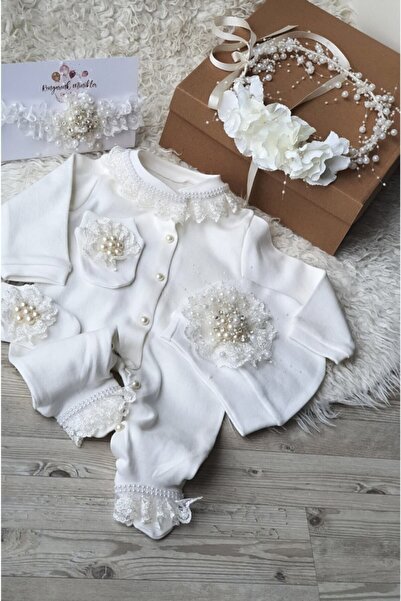 çiğdem kaya design Ecru Pearl Mother Baby Overalls Taç Hospital Set