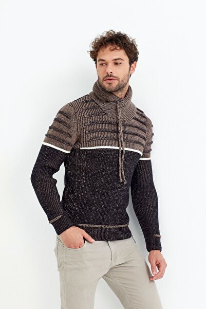 Tarz Cool Ανδρικό πλεκτό πουλόβερ με μαύρο σάλι γιακά με ριγέ στήθος -ipbyk001r01