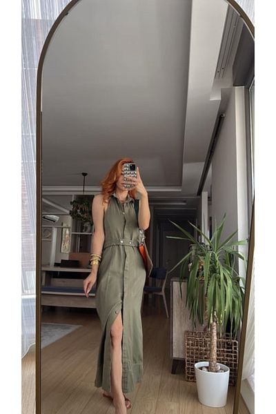 bonnline Λινό φόρεμα Gabardine Διπλό Στήθος - Χακί Πλυμένο με Χαμηλή Πλάτη